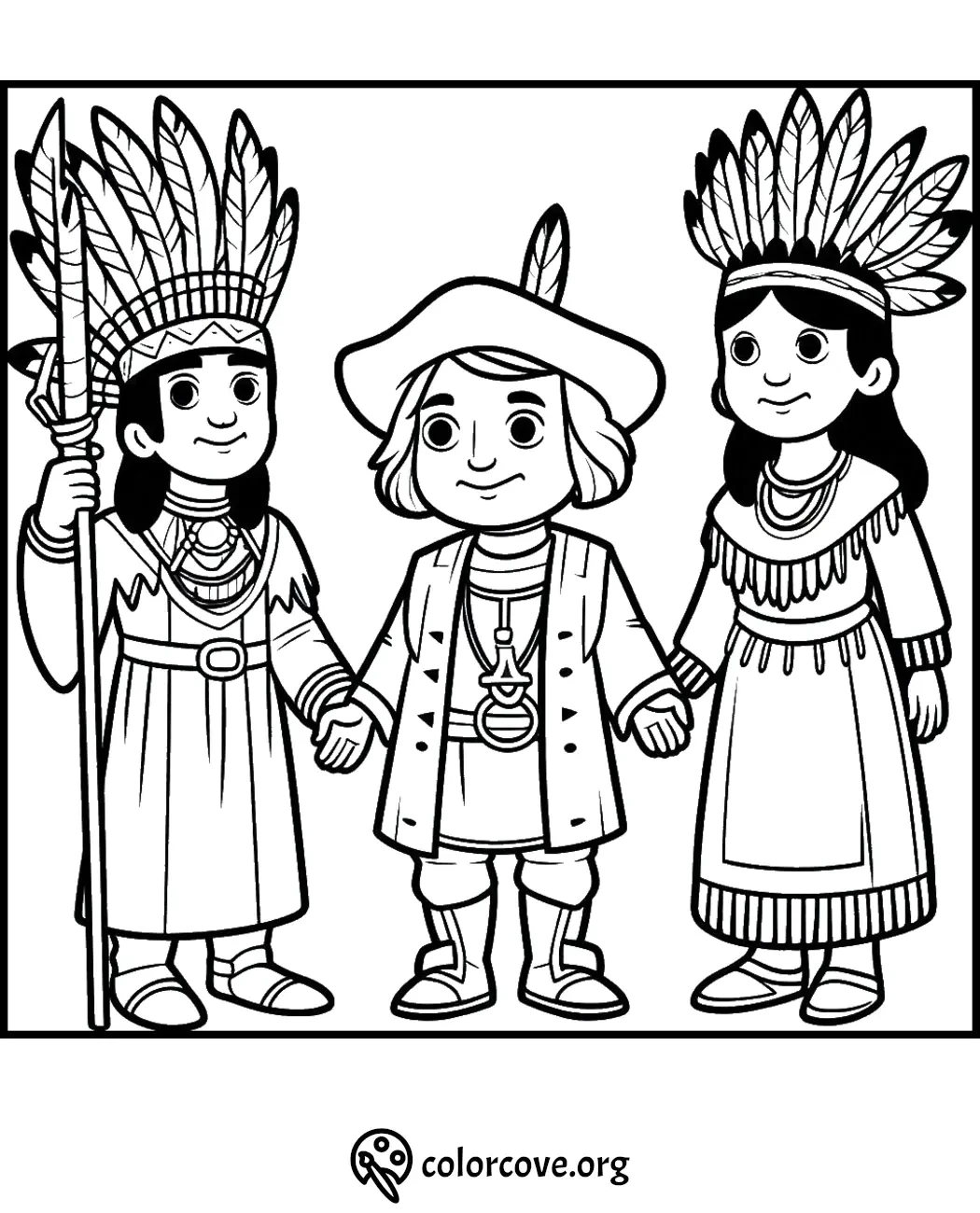 Thanksgiving coloring page with Native Americans and a Pilgrim holding hands. Download and color this festive picture.