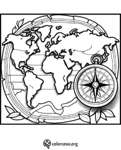 World map coloring page with a compass and leaves. Ideal for geography-themed coloring activities. Visit colorcove.org.