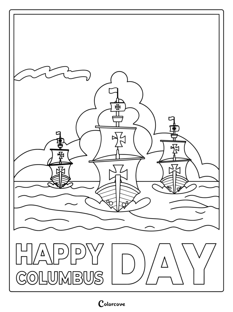 Columbus Day coloring page featuring three historical sailing ships on the ocean waves.