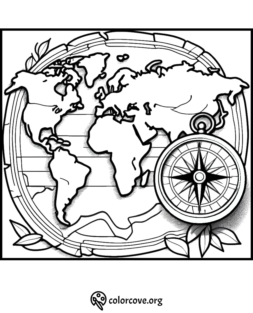 World map coloring page with a compass and leaves. Ideal for geography-themed coloring activities. Visit colorcove.org.