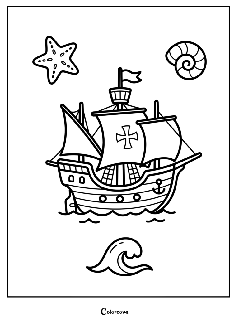 A printable coloring page of the Santa Maria ship for Columbus Day featuring a starfish and seashell.