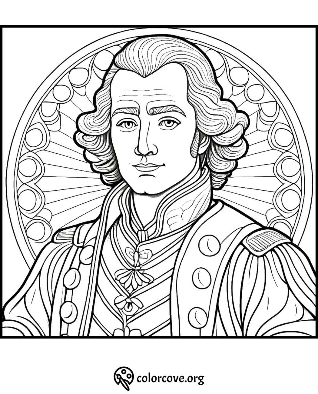 Illustration of a historic figure with intricate details, suitable for coloring. Download the coloring page at colorcove.org.