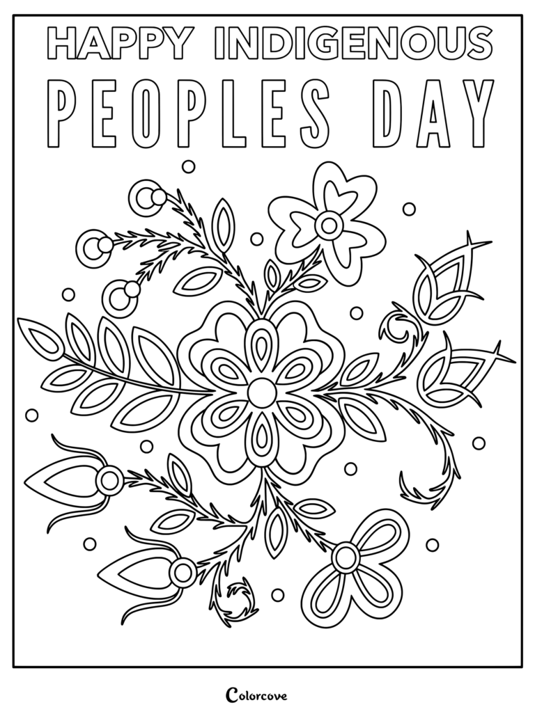 Happy Indigenous Peoples Day floral coloring page featuring intricate flowers and leaves.