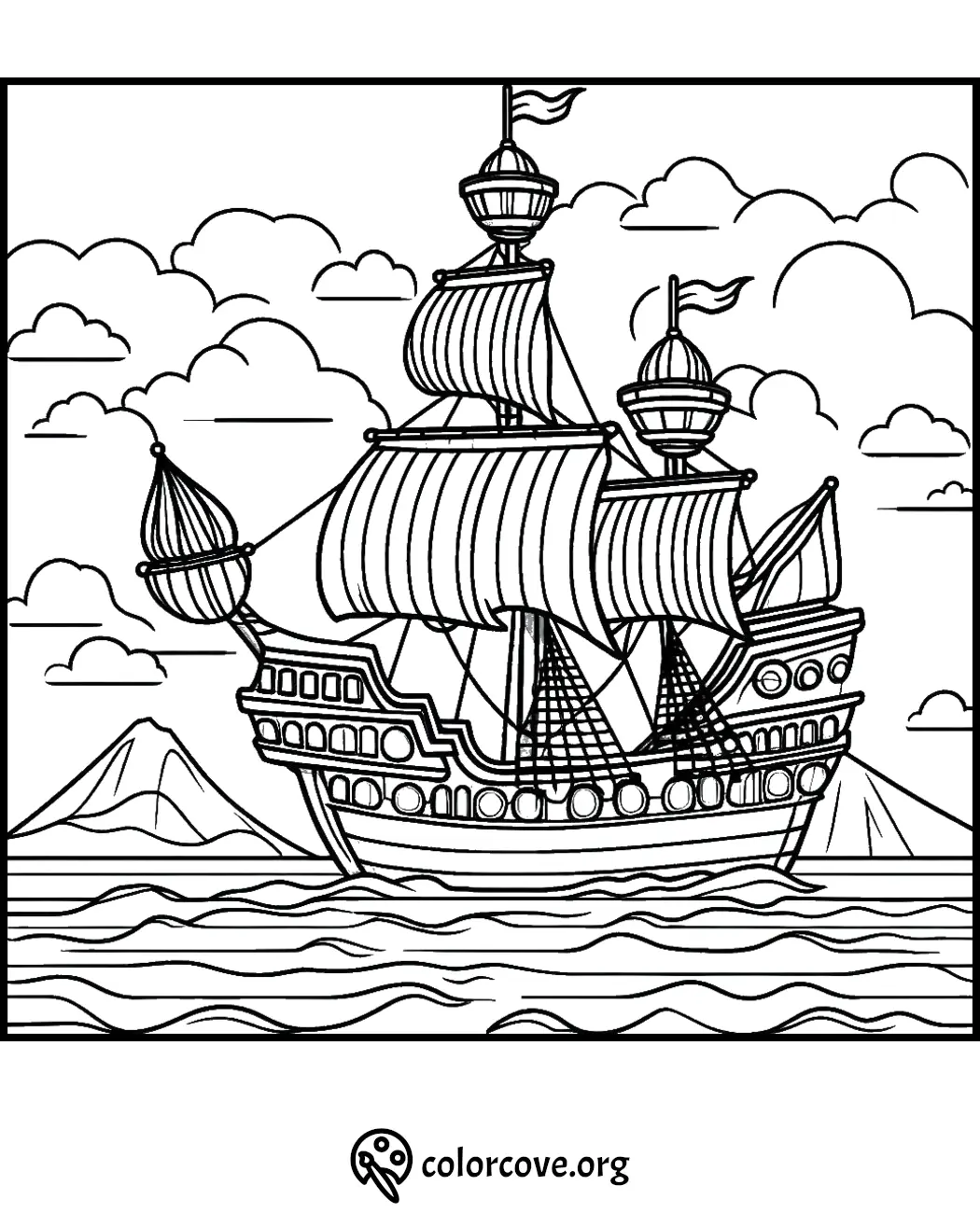 Coloring page of a sailing ship with billowing sails on the sea, mountains and clouds in the background.