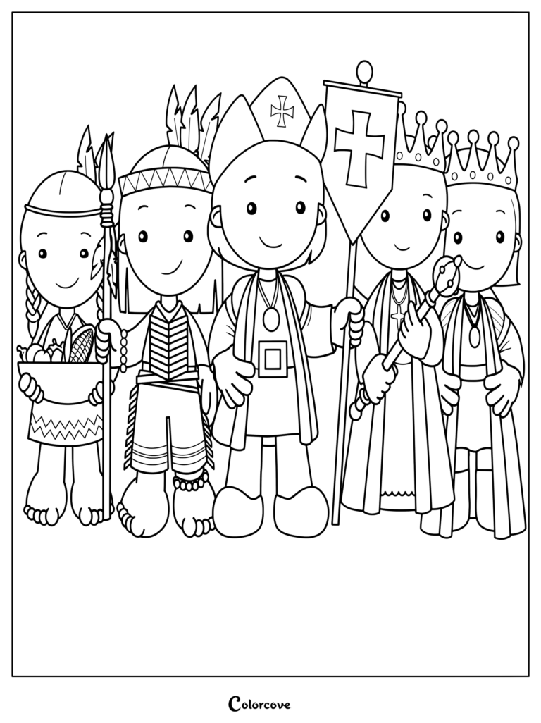 Columbus Day coloring page featuring explorers, a religious figure, and indigenous people holding a banner and spear.