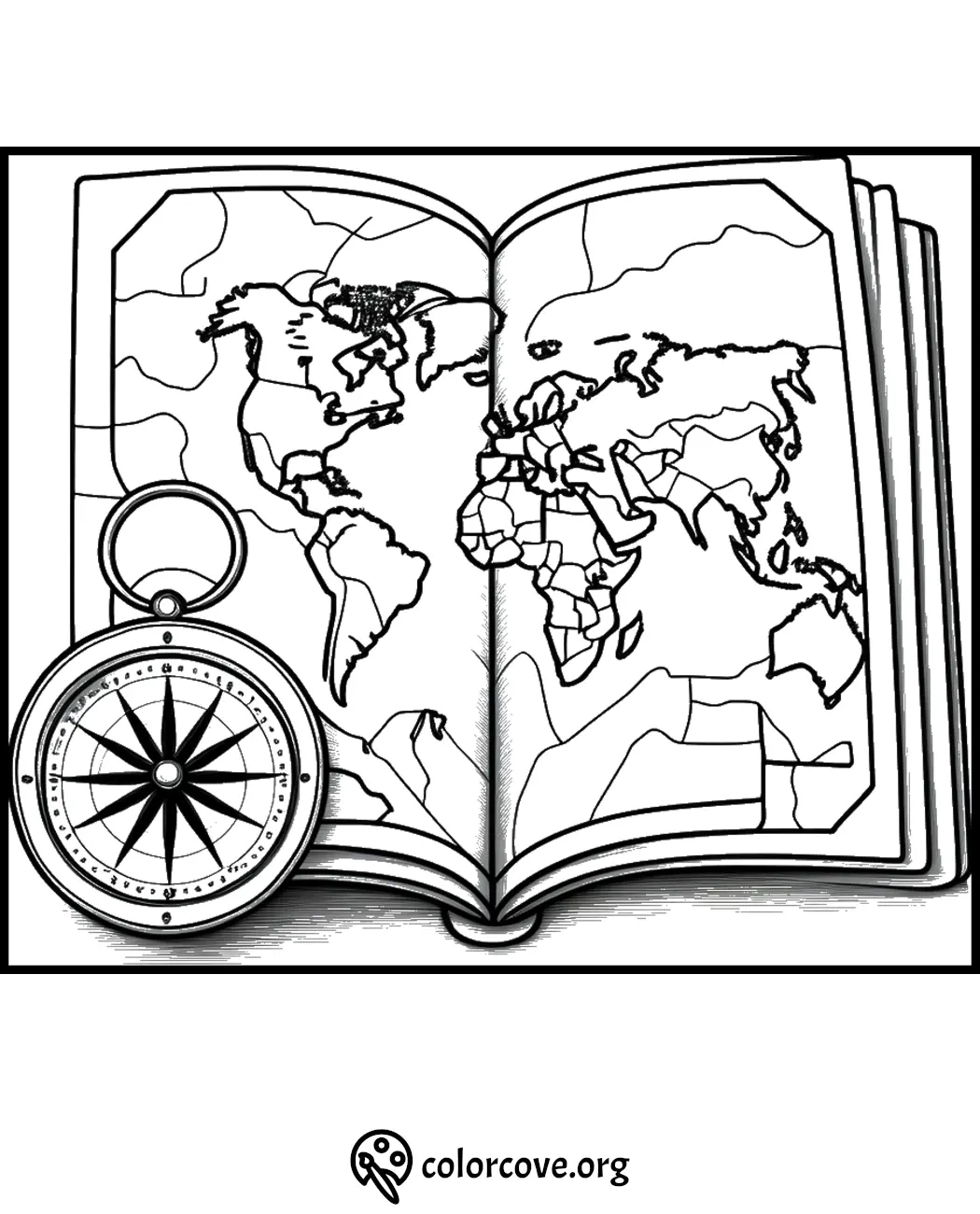 World map coloring page with an open book and compass, perfect for kids to learn geography.