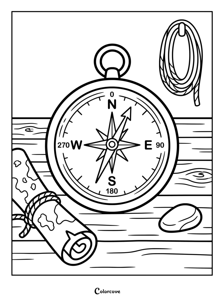Nautical compass, rolled map, and rope coil coloring page for Columbus Day