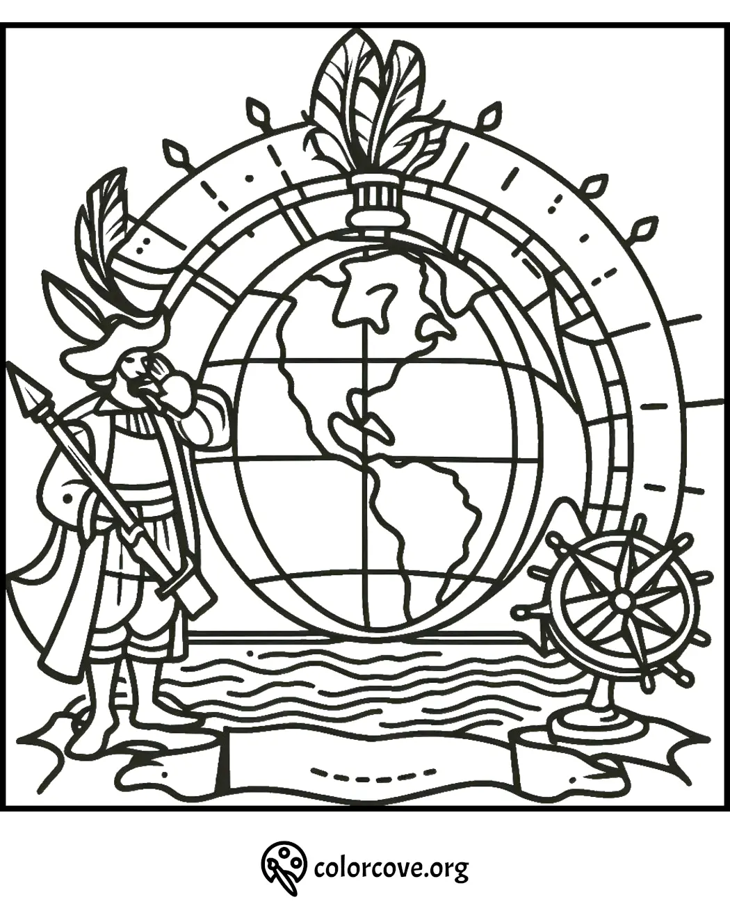 Coloring page of an explorer with a spear, a globe, compass, and scroll, ideal for geography and history education.