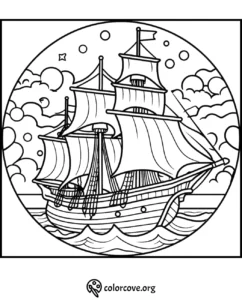 Printable coloring page of a sailing ship on the ocean with clouds and stars, perfect for kids and adults to color.