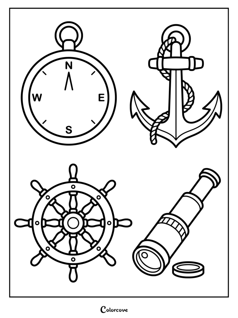 Columbus Day coloring page featuring a compass, anchor, ship wheel, and telescope.