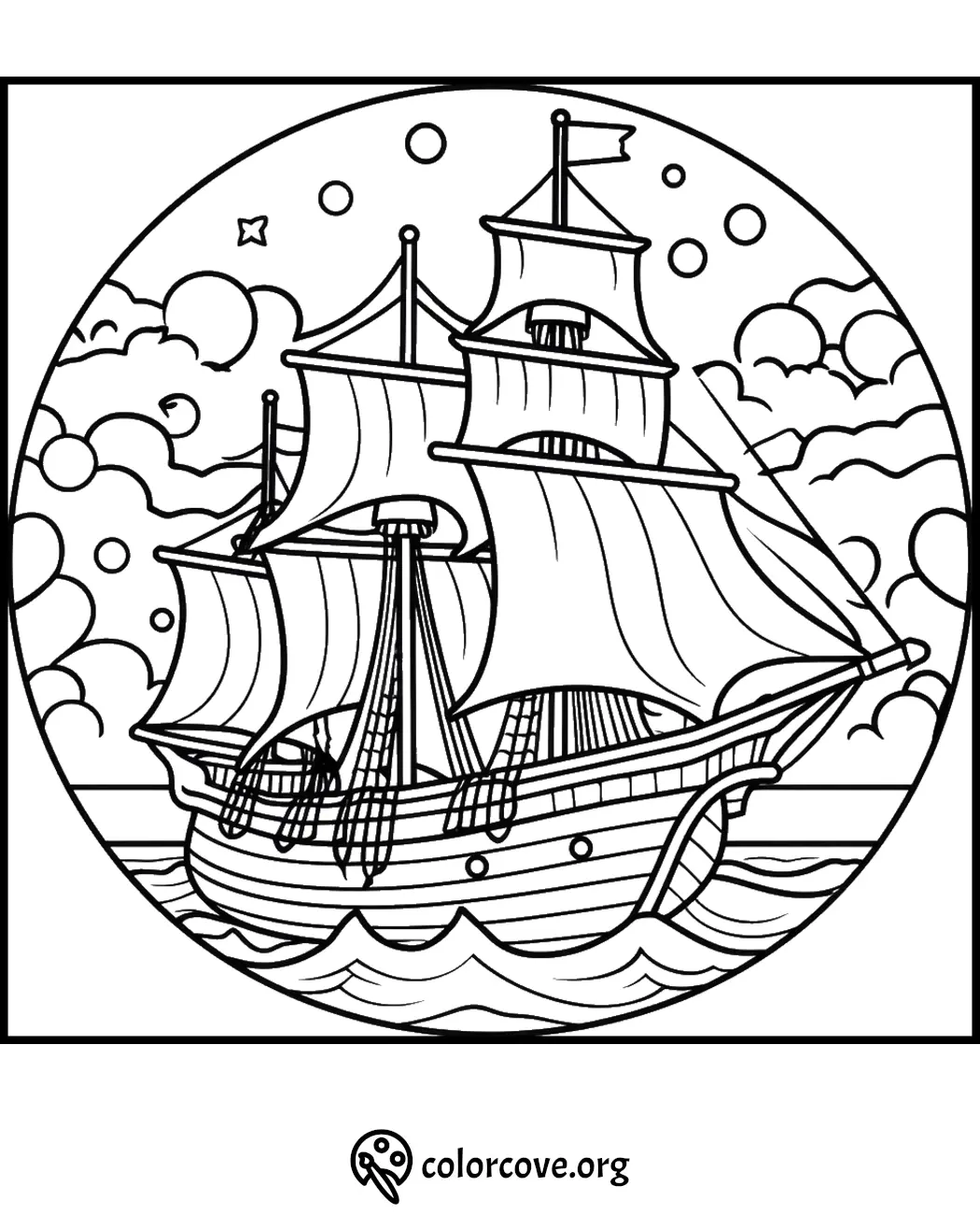 Printable coloring page of a sailing ship on the ocean with clouds and stars, perfect for kids and adults to color.