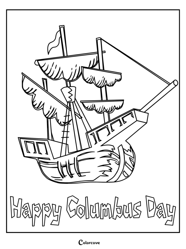 Columbus Day coloring page featuring a historic sailing ship and bold festive text.