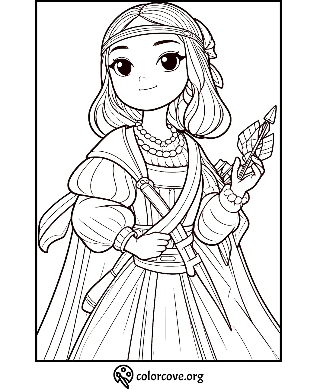 Coloring page featuring a girl in medieval clothing holding an arrow, smiling, with detailed accessories and ornate dress.