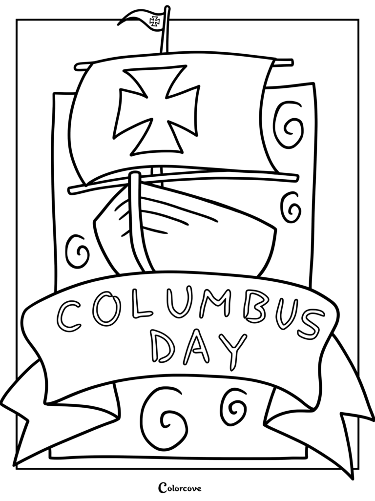 A historic ship sailing on waves with a banner reading Columbus Day in this coloring page.
