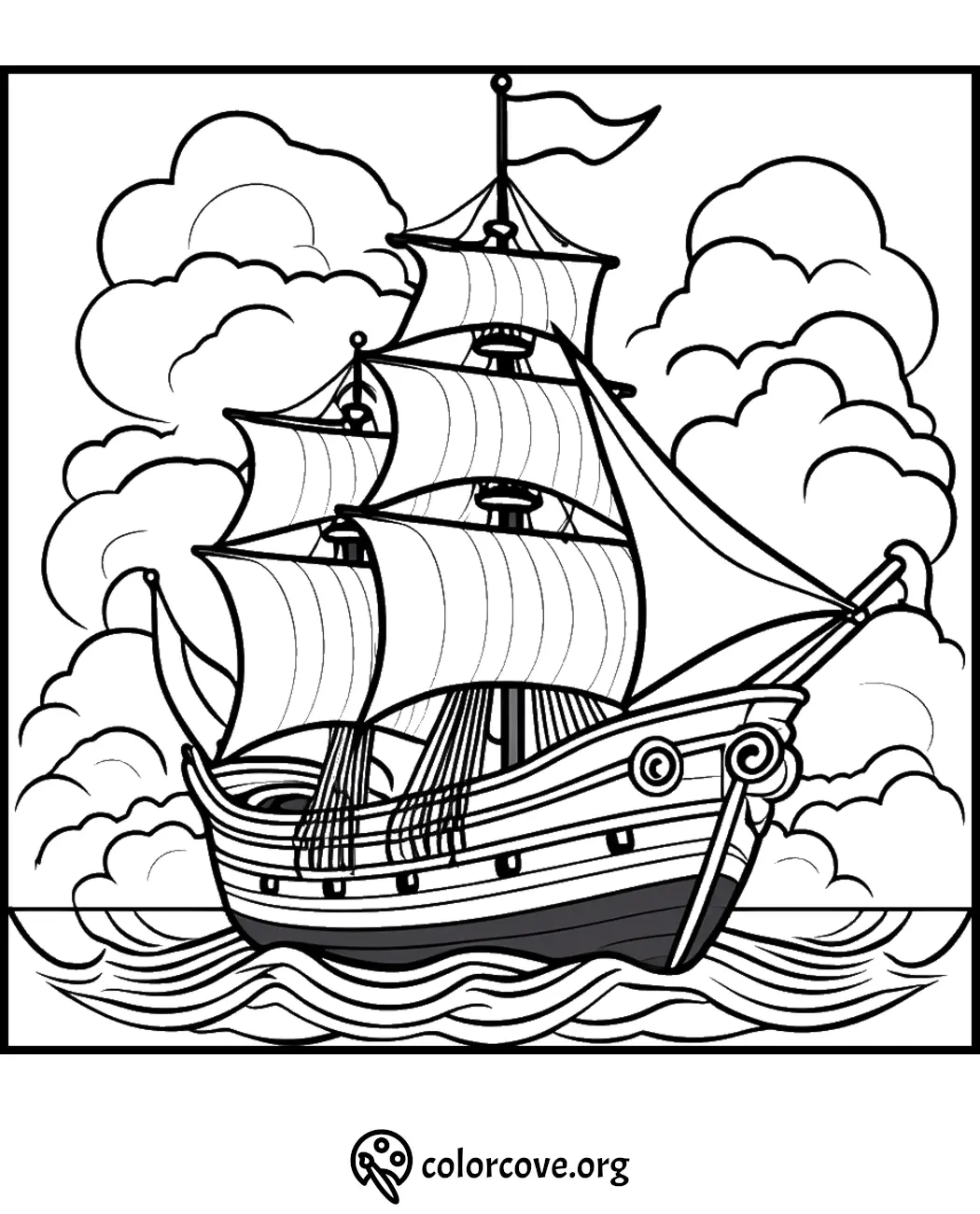 Coloring page of a sailing ship with three masts on the ocean surrounded by clouds. Visit colorcove.org for more.