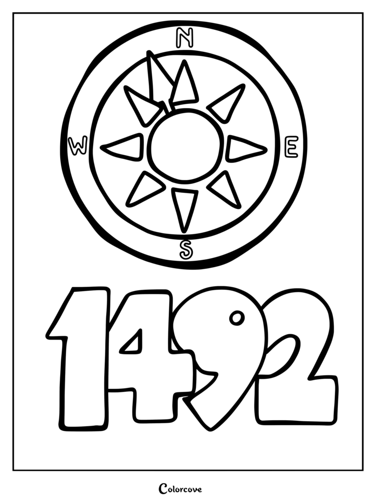 A printable coloring page featuring a compass rose and the year 1492 for Columbus Day.