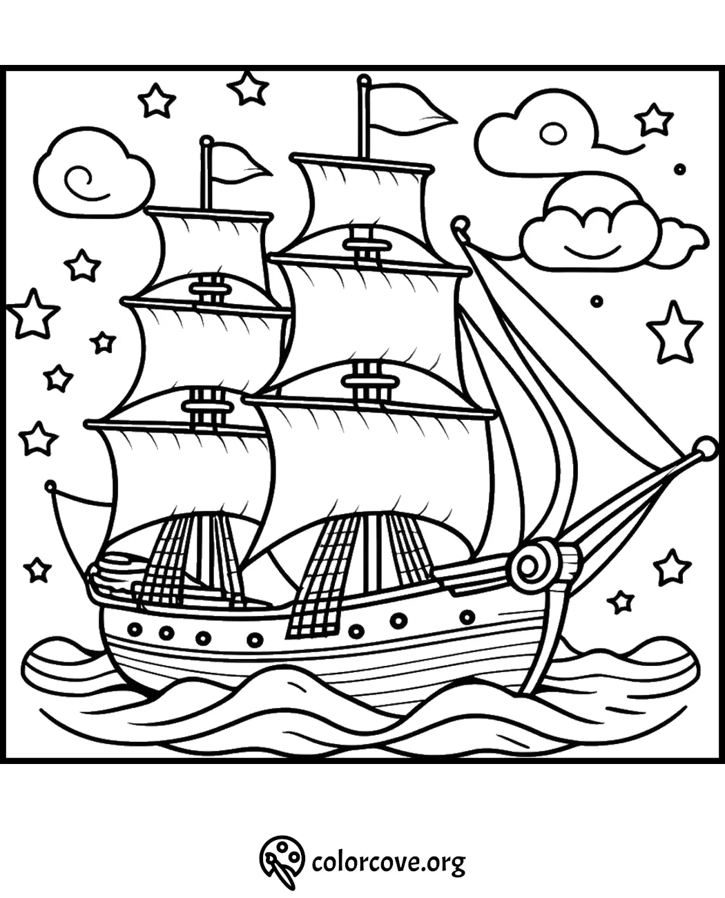 Children's pirate ship coloring page with detailed sails and ocean waves, stars, and clouds in the background - colorcove.org.