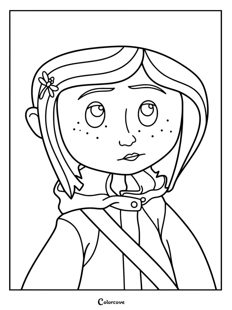Coraline Jones wearing her yellow raincoat and dragonfly hair clip.