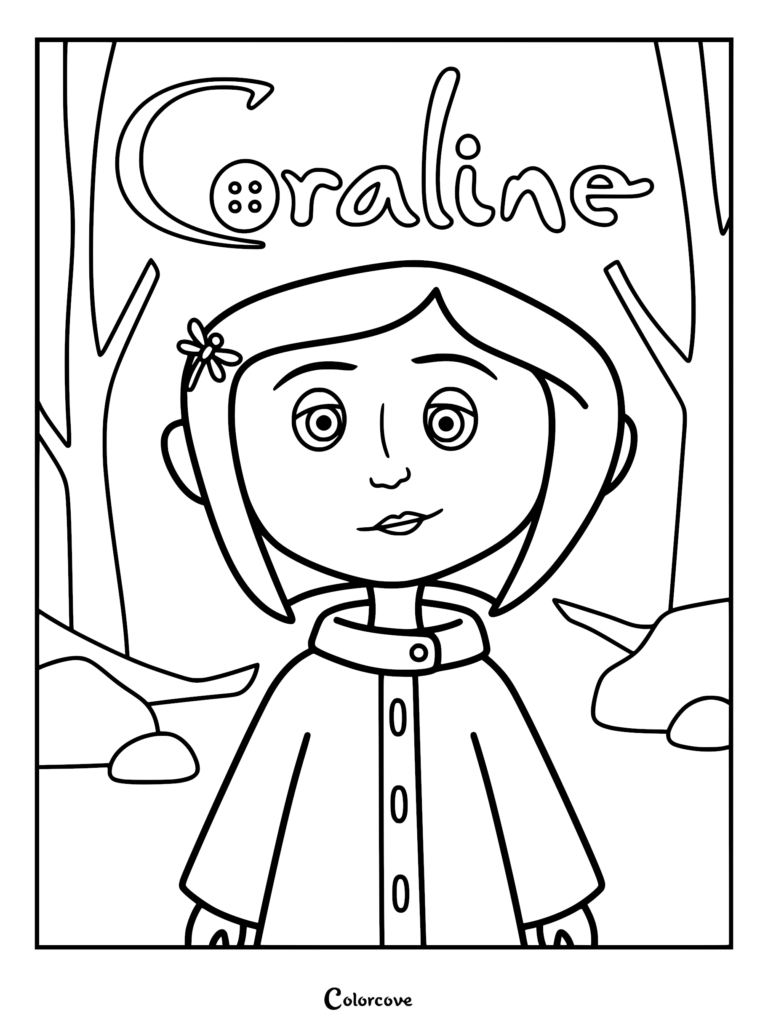 Coraline wearing a raincoat with forest trees in background.