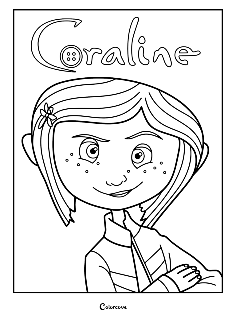 Coraline with a dragonfly hair clip and button logo.