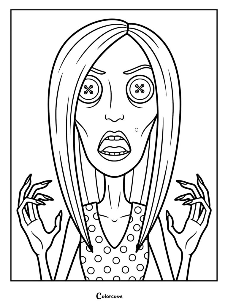 The Beldam with button eyes and long claws in a detailed coloring page, wearing a polka dot dress.