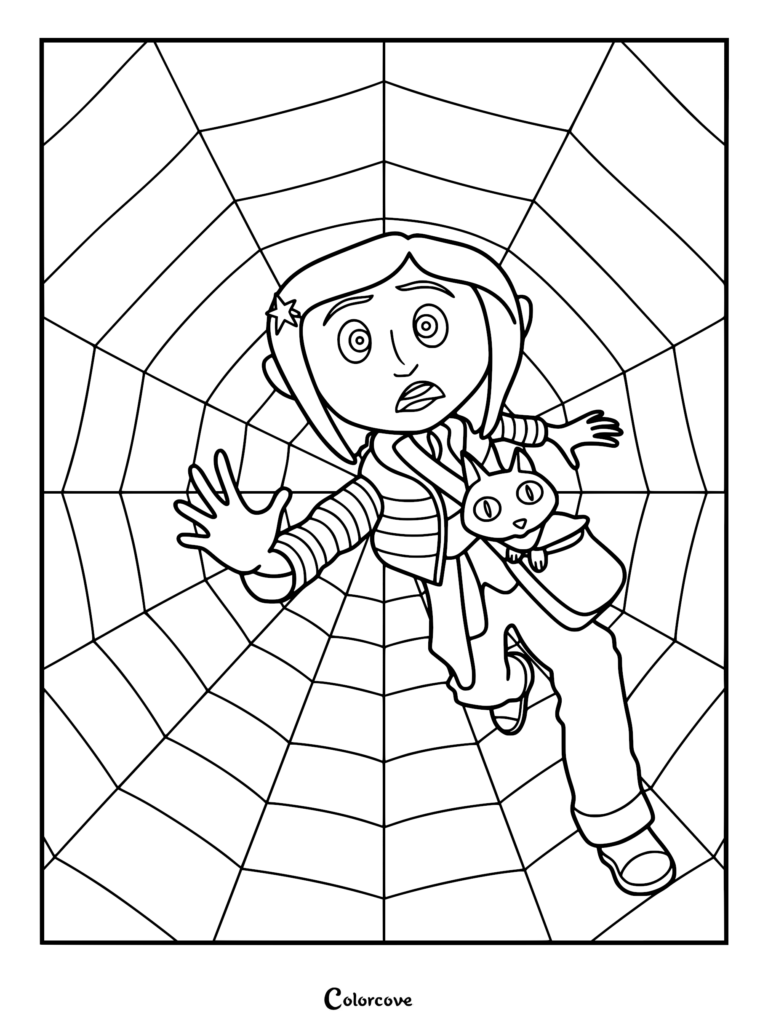 Coraline Jones wearing her striped sweater with the black cat tucked into her bag, running through a giant spider web, detailed printable coloring page.