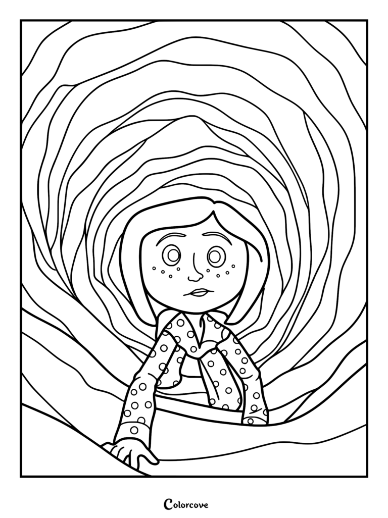 Coraline Jones crawls through a swirling, dark, mysterious tunnel.