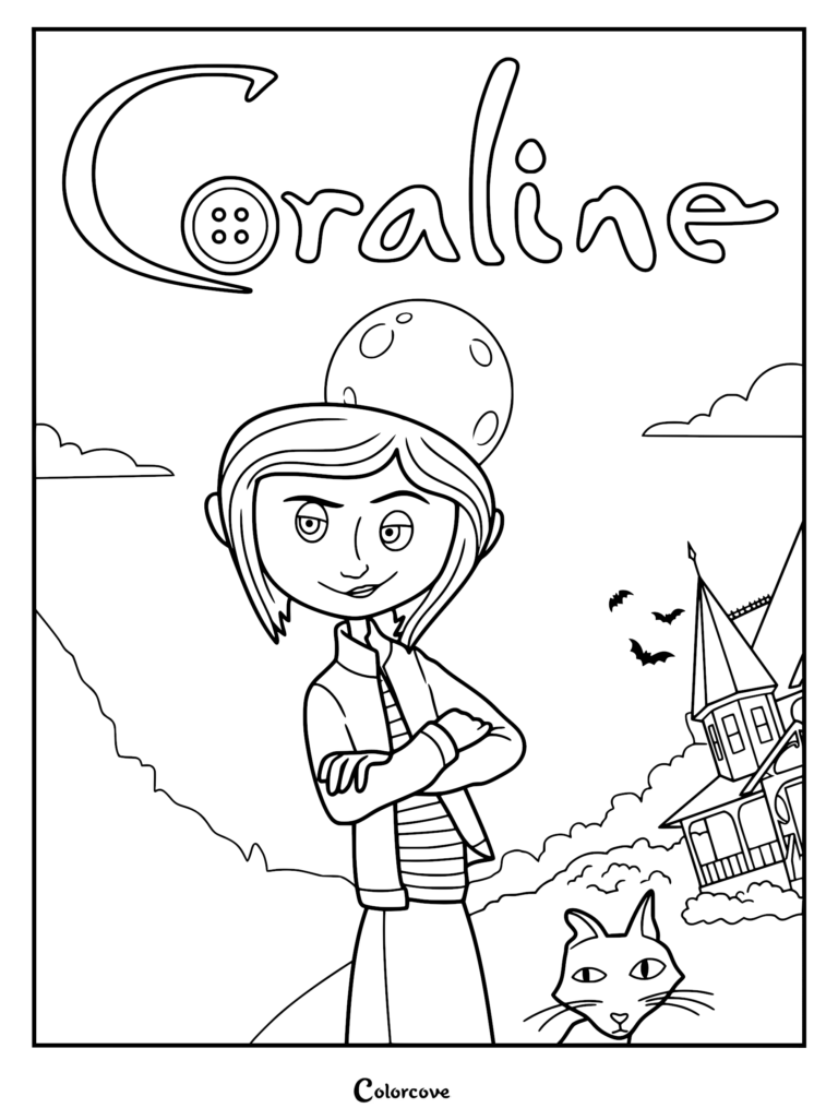 Coraline and the black cat before the Pink Palace house.