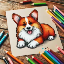 Corgi coloring page with colored pencils on a wooden table, featuring a smiling Corgi waiting to be colored.