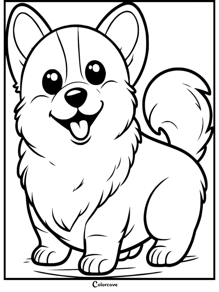 A happy, wide-eyed Corgi puppy standing with a fluffy tail, featured in a thick-line cartoon coloring page.