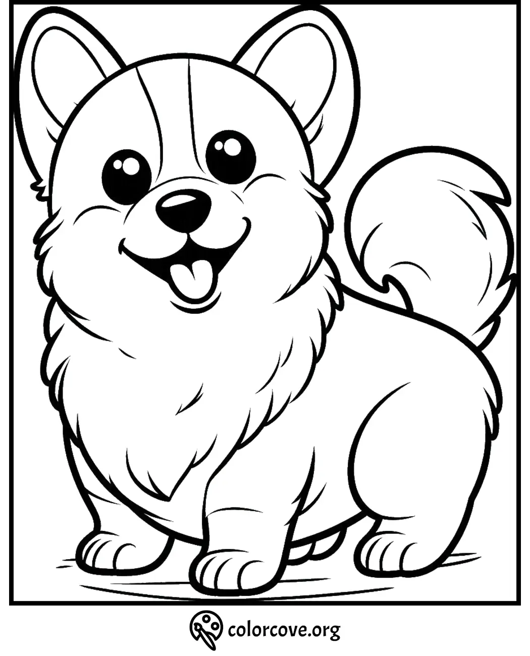 Cute corgi puppy coloring page with a happy expression, ready to be colored. Perfect for kids and dog lovers.