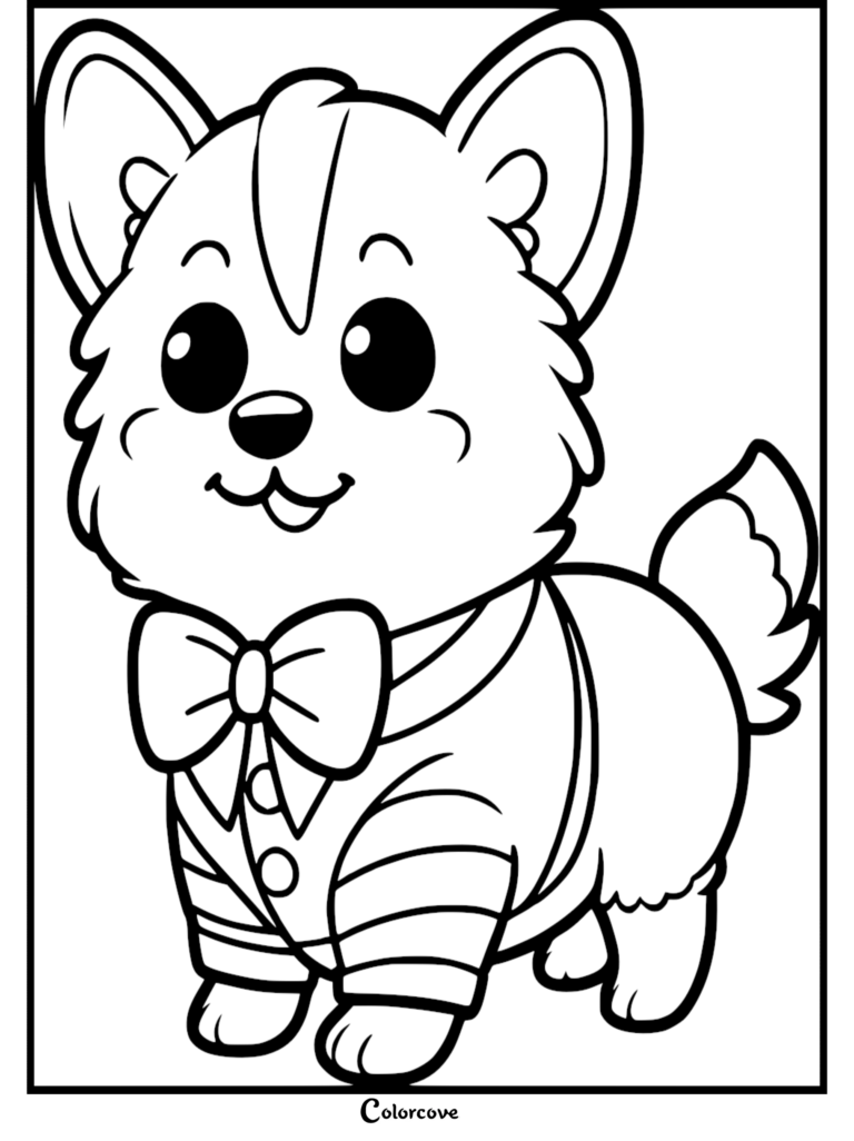 A cute cartoon Corgi wearing a formal vest and bowtie in this free printable line art coloring page.