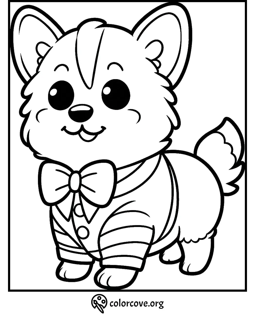 Cute cartoon dog coloring page, dressed in a formal outfit with a bowtie, ideal for kids’ coloring activities.