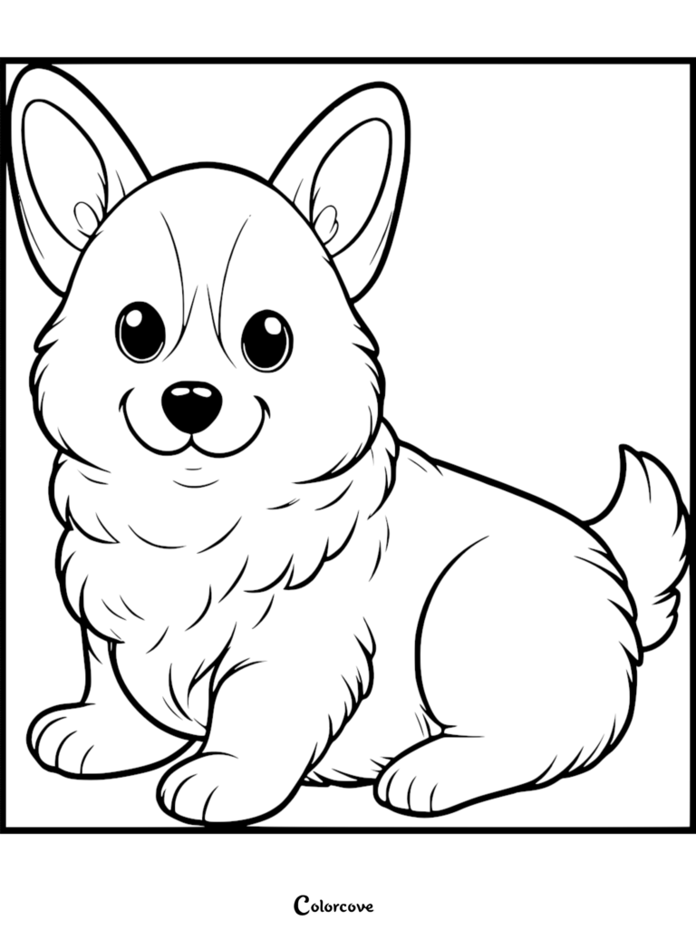 A cute, fluffy Corgi puppy with large eyes sitting down in this printable black and white coloring page.