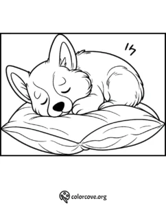Cute corgi puppy sleeping on a pillow coloring page for kids and adults to print and color. Visit colorcove.org for more.