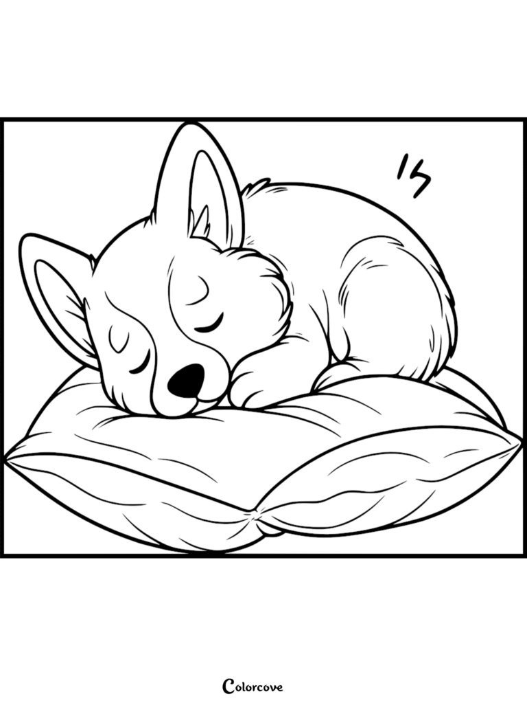 A sweet Corgi puppy curled up and sleeping on a soft pillow in this free printable coloring page.
