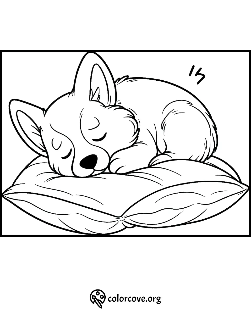 Cute corgi puppy sleeping on a pillow coloring page for kids and adults to print and color. Visit colorcove.org for more.