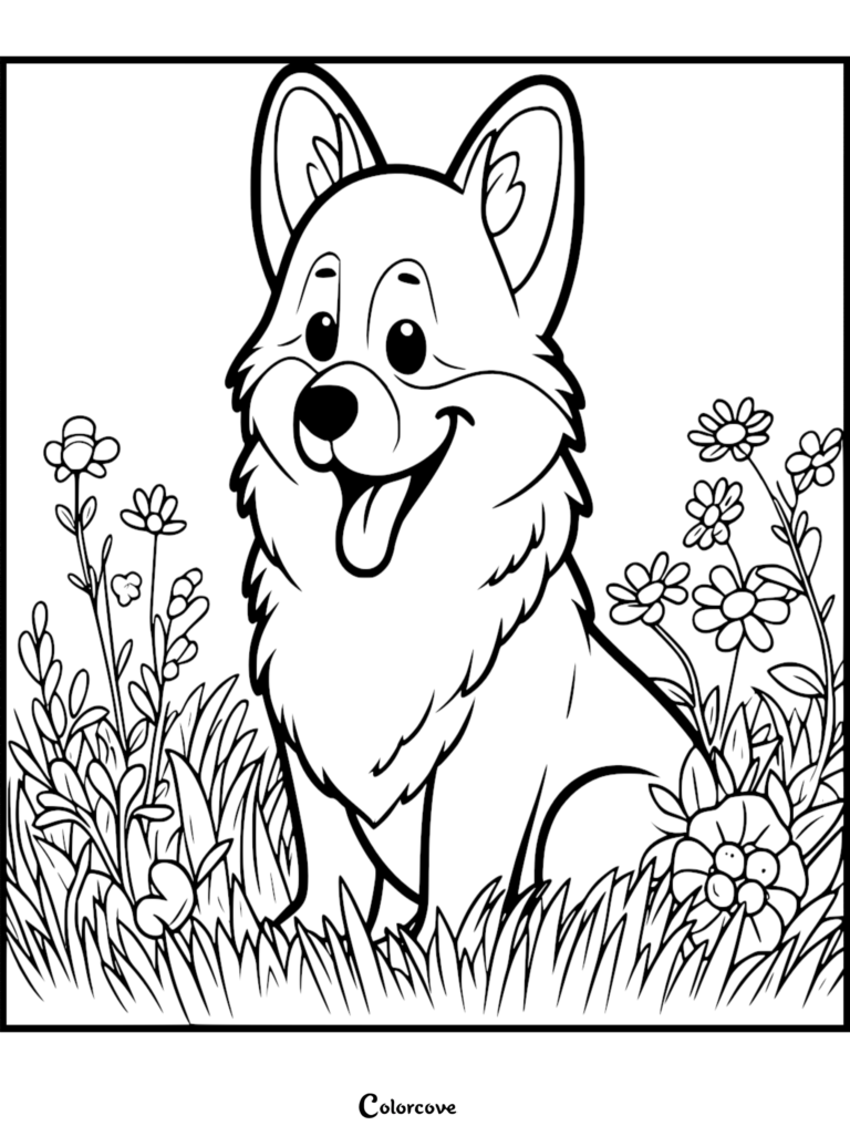 A cute cartoon Corgi sitting in a field of daisies and tall grass, black and white coloring page style line art.