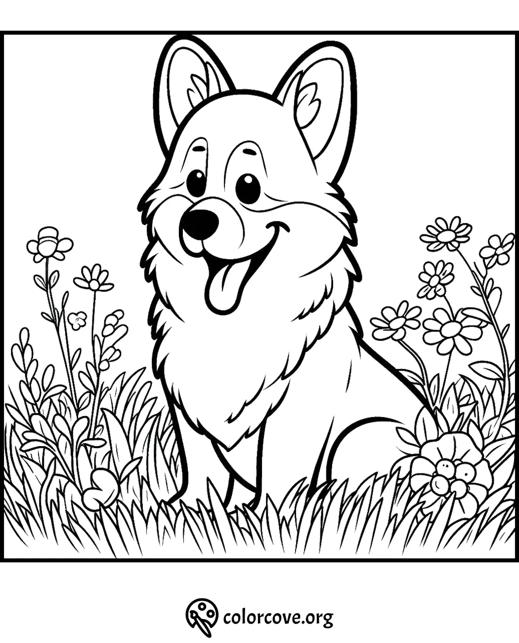 Cute corgi dog coloring page with flowers and grass backdrop. Printable pet-themed coloring sheet for kids.