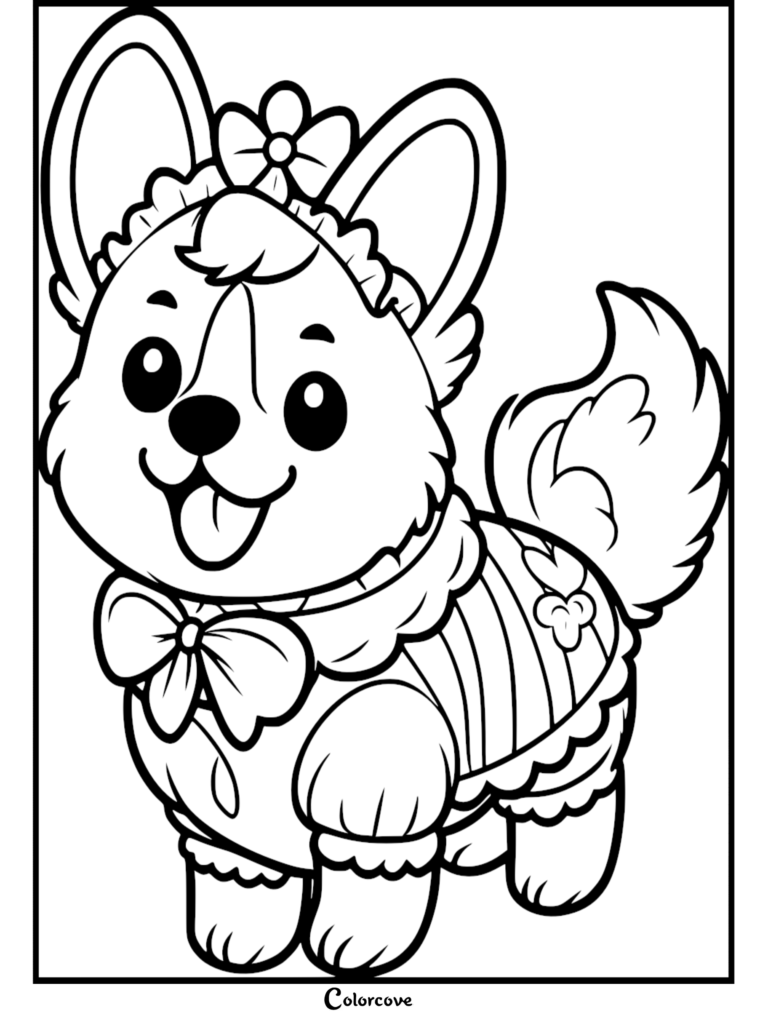 A happy Corgi wearing a frilly dress with a bow and flower headband in this printable coloring page.