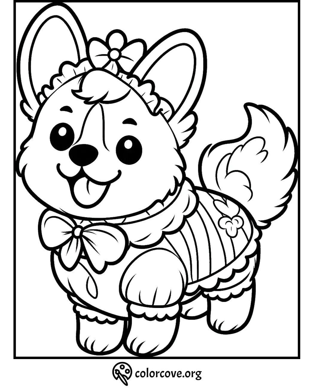 Coloring page of a cute dog wearing a bow and a frilly outfit with decorative patterns, perfect for kids and dog lovers.