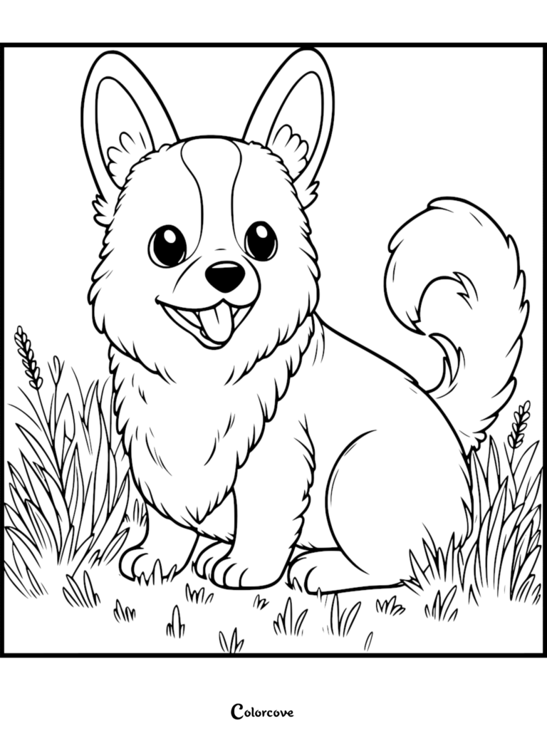 A cheerful, fluffy corgi puppy sitting in tall grass, featured in a clean black-and-white coloring page.