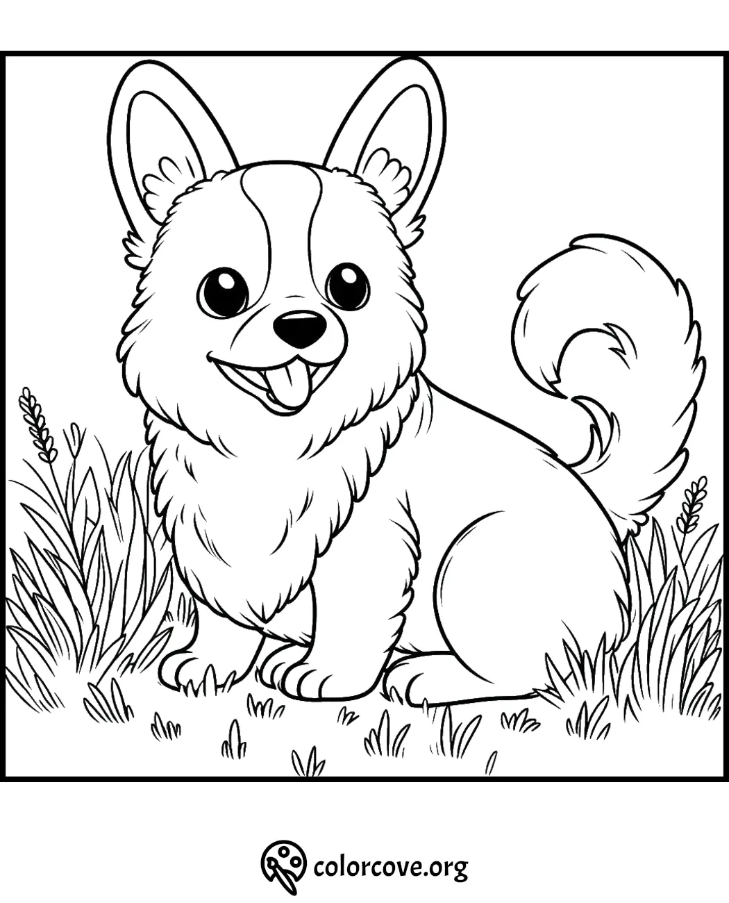 Cute corgi coloring page, adorable dog sitting in grass, perfect for kids and pet lovers, printable activity from colorcove.org.