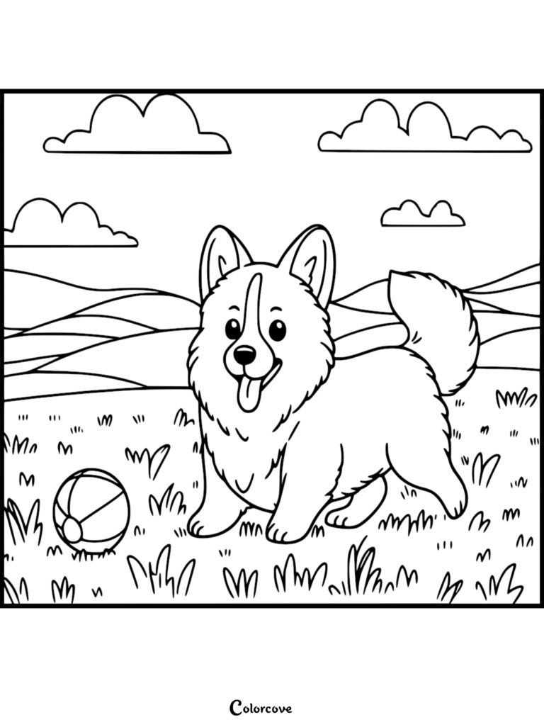 A happy Corgi standing in a grassy meadow next to a beach ball, presented as a high-quality line art coloring page.