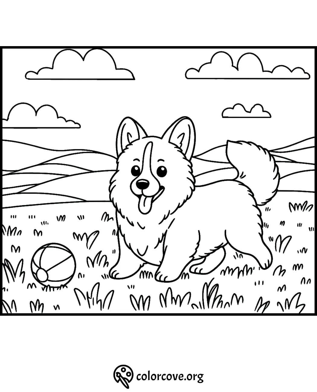 Cute dog coloring page with a ball. Printable worksheet for kids, featuring a happy dog playing in a field.