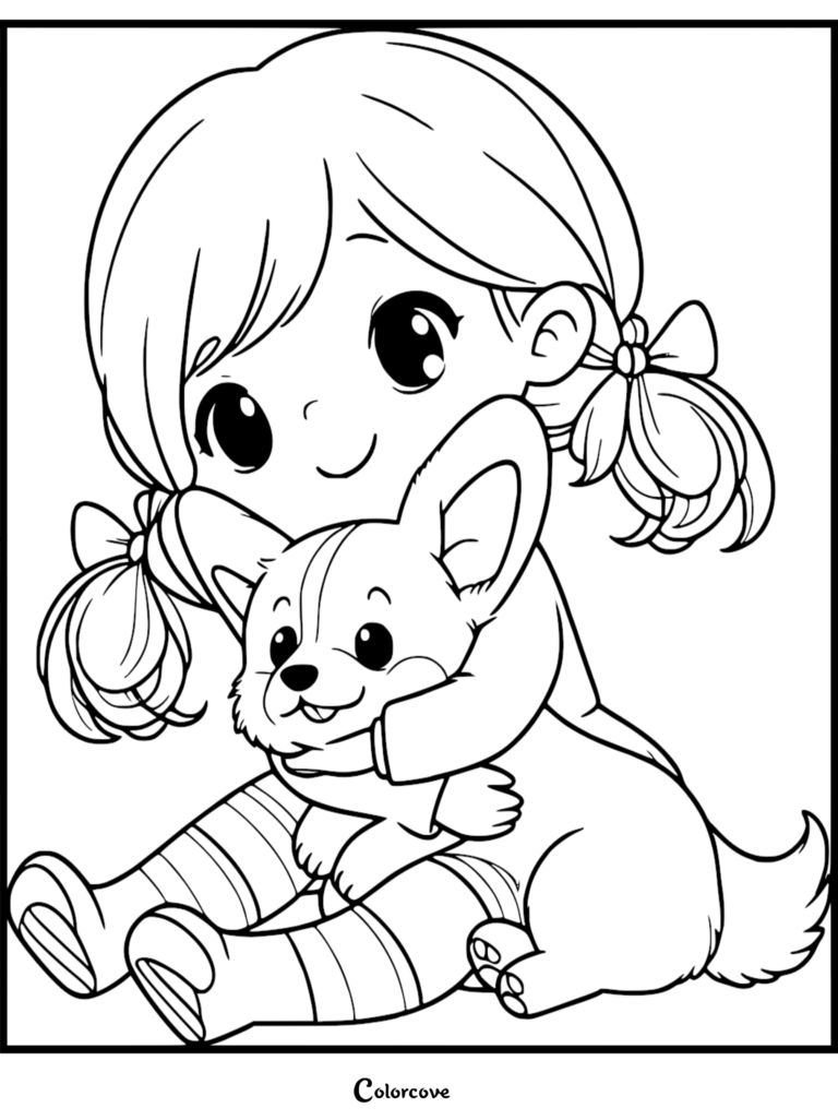 A cute little girl with pigtails wearing striped socks hugging a happy Free Corgi puppy in this printable coloring page.