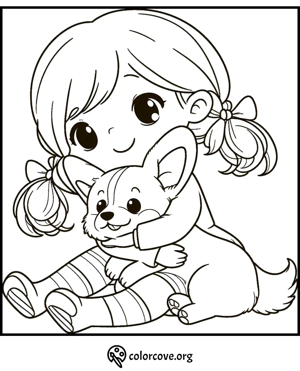 Coloring page featuring a cheerful girl hugging a cute puppy, both sitting happily. Perfect for kids' coloring fun.