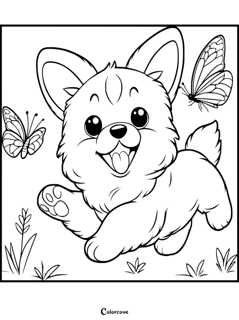 A cute cartoon Corgi puppy jumping with two butterflies in a grassy field, printable coloring page.