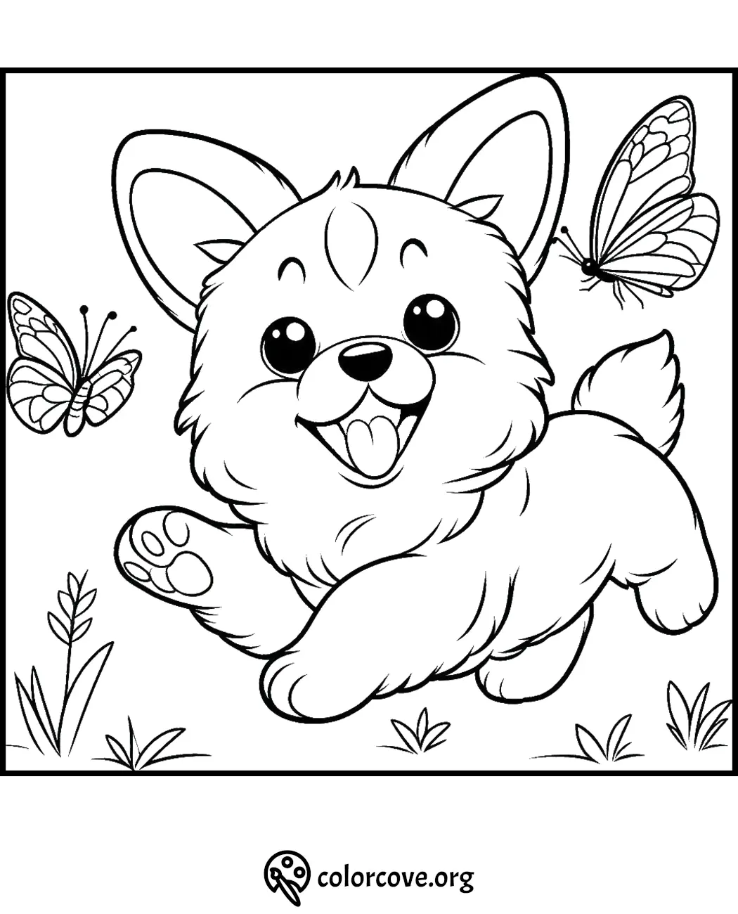 Cute puppy coloring page with butterflies, perfect for kids to color and enjoy. Free printable from colorcove.org.