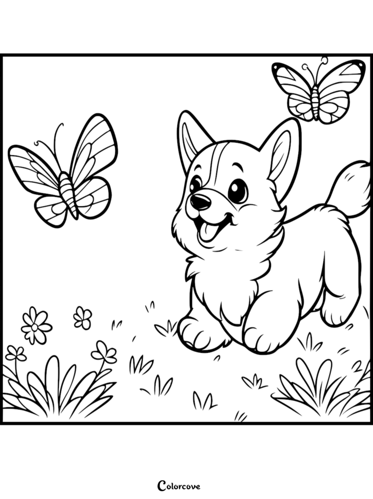A happy puppy Corgi prancing through a grassy field with two butterflies fluttering nearby, line art coloring page.